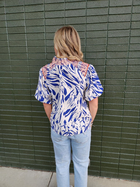 Smocked Neck/Shoulder Printed Top