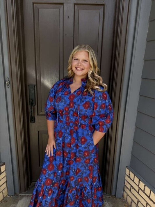 Floral Puff Slv Middi Dress