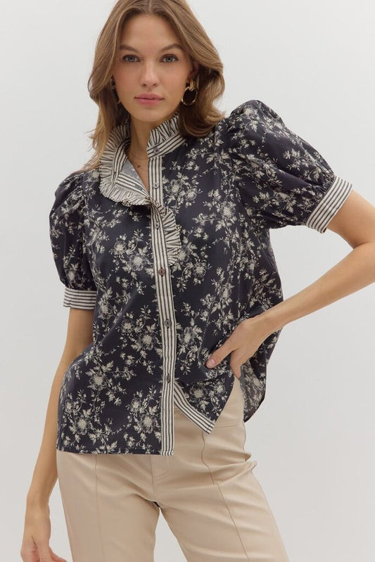 Floral Puff SS Ruffle Neck Top
