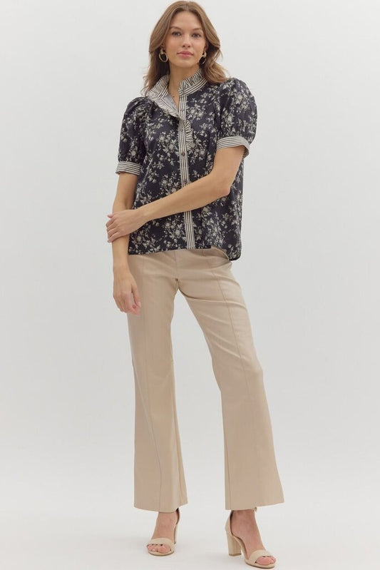 Floral Puff SS Ruffle Neck Top