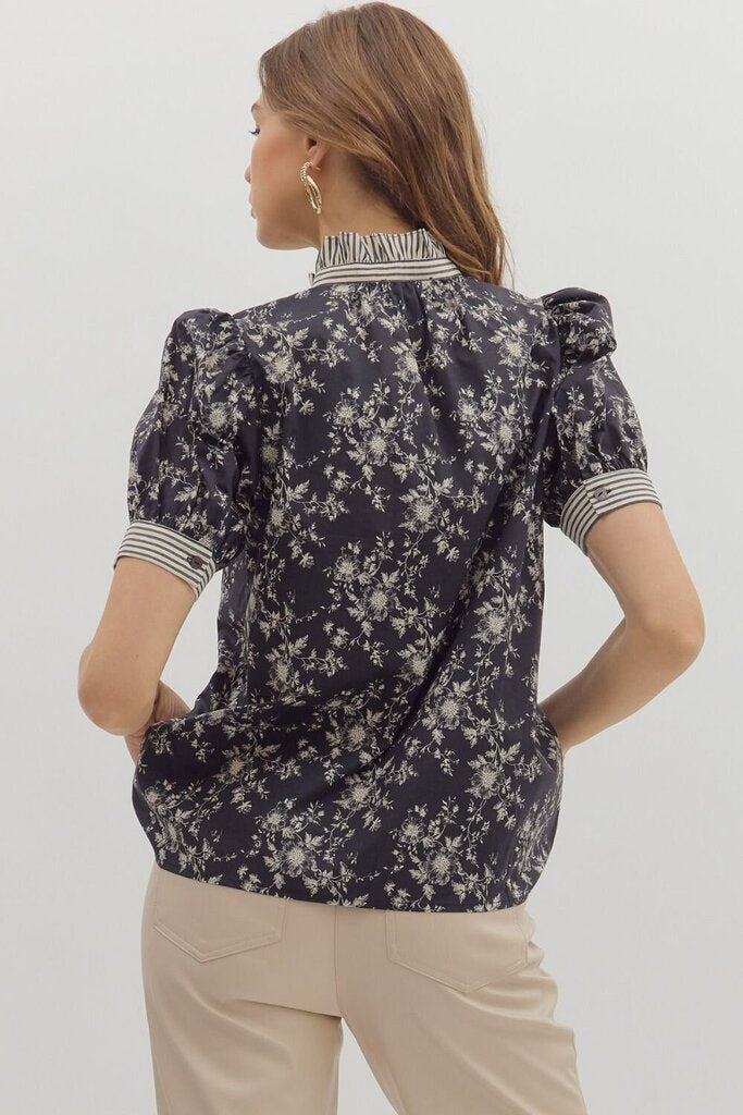 Floral Puff SS Ruffle Neck Top