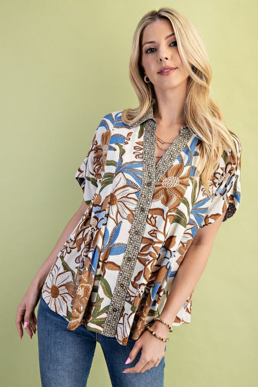 Mixed Print Button Down Blouse