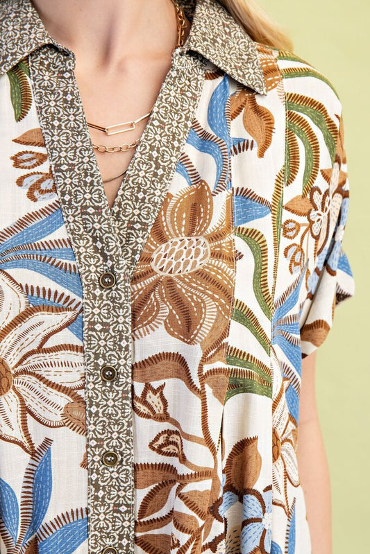 Mixed Print Button Down Blouse