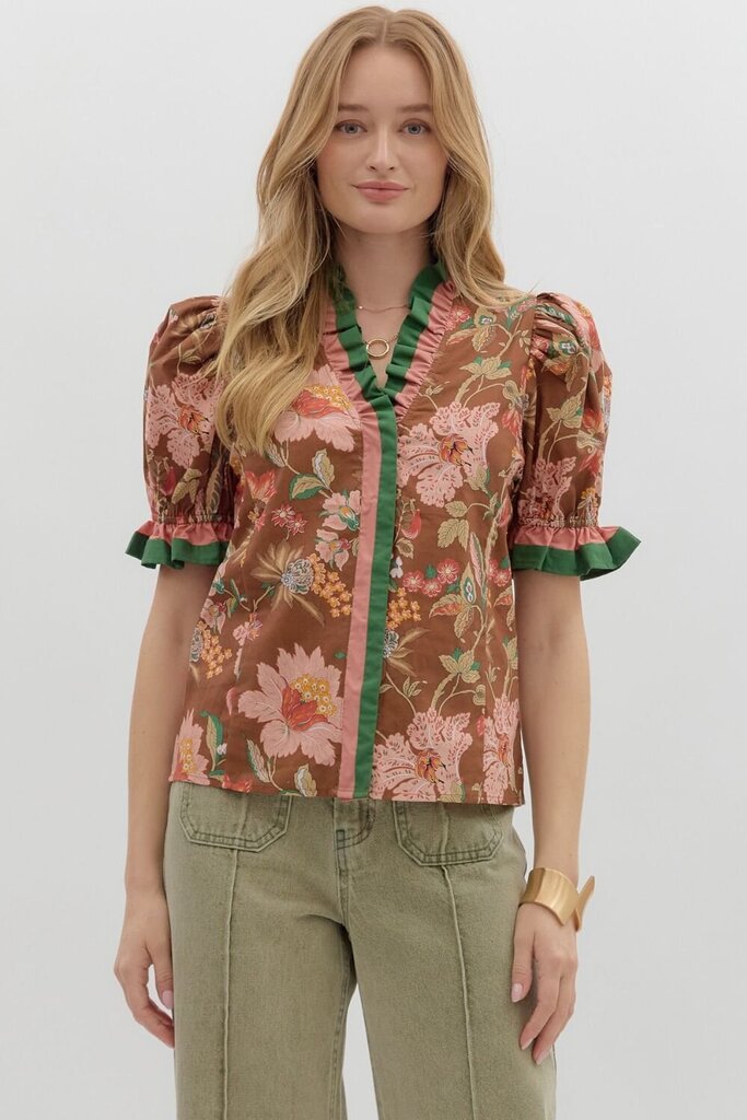 Floral Puff Slv. Top w/Accent Ruffle