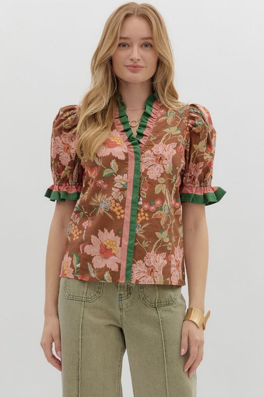 Floral Puff Slv. Top w/Accent Ruffle