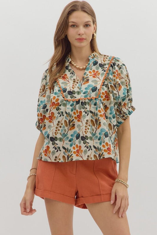 Botanical V-Neck Dolman Sleeve Top