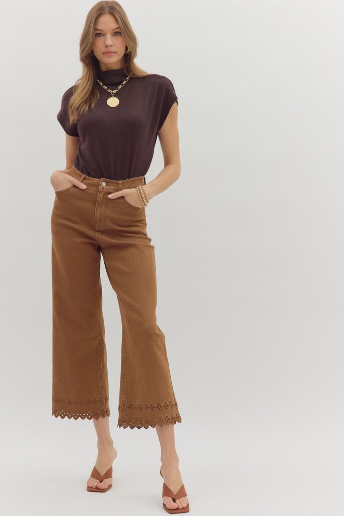 High Waist Ankle Length Eyelet Pants (Brown)