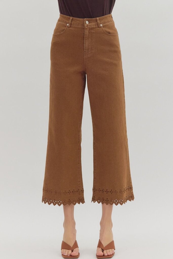 High Waist Ankle Length Eyelet Pants (Brown)