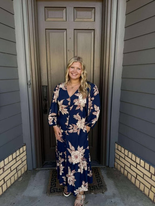 Navy Floral Button Down Ruffle Dress