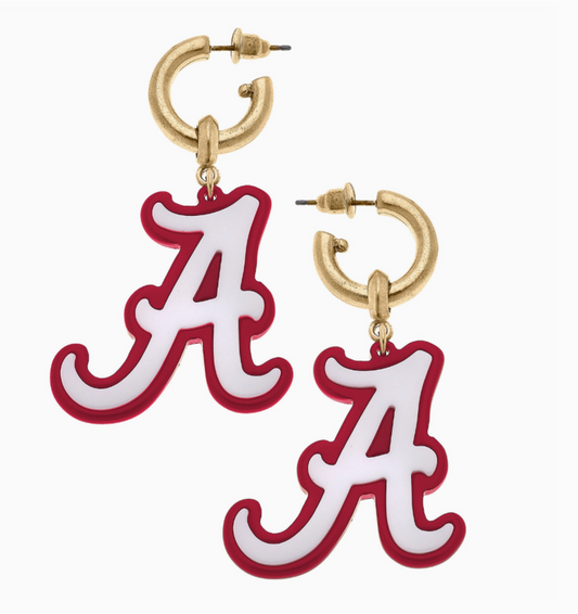 Crimson Tide Resin logo drop hoop earrings