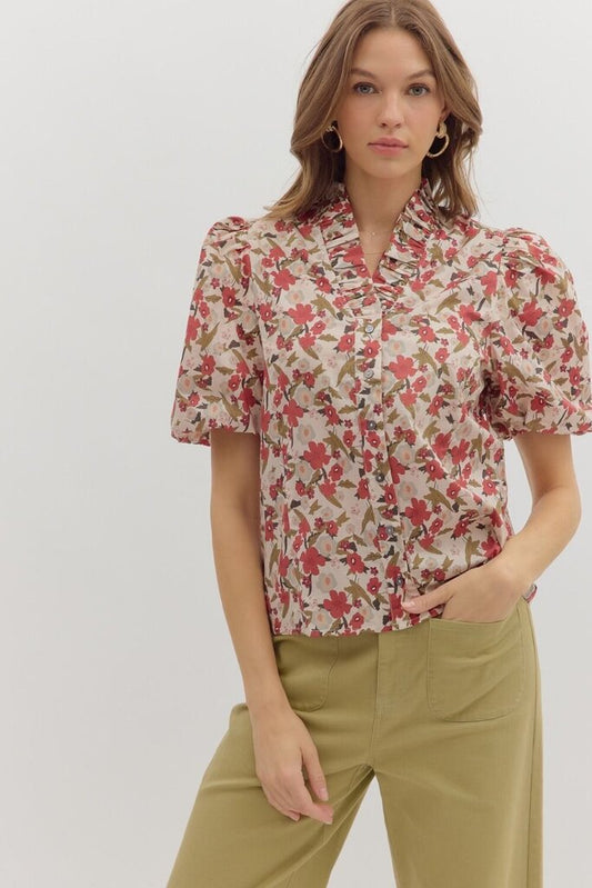 Floral Bubble Sleeve V-Neck Top