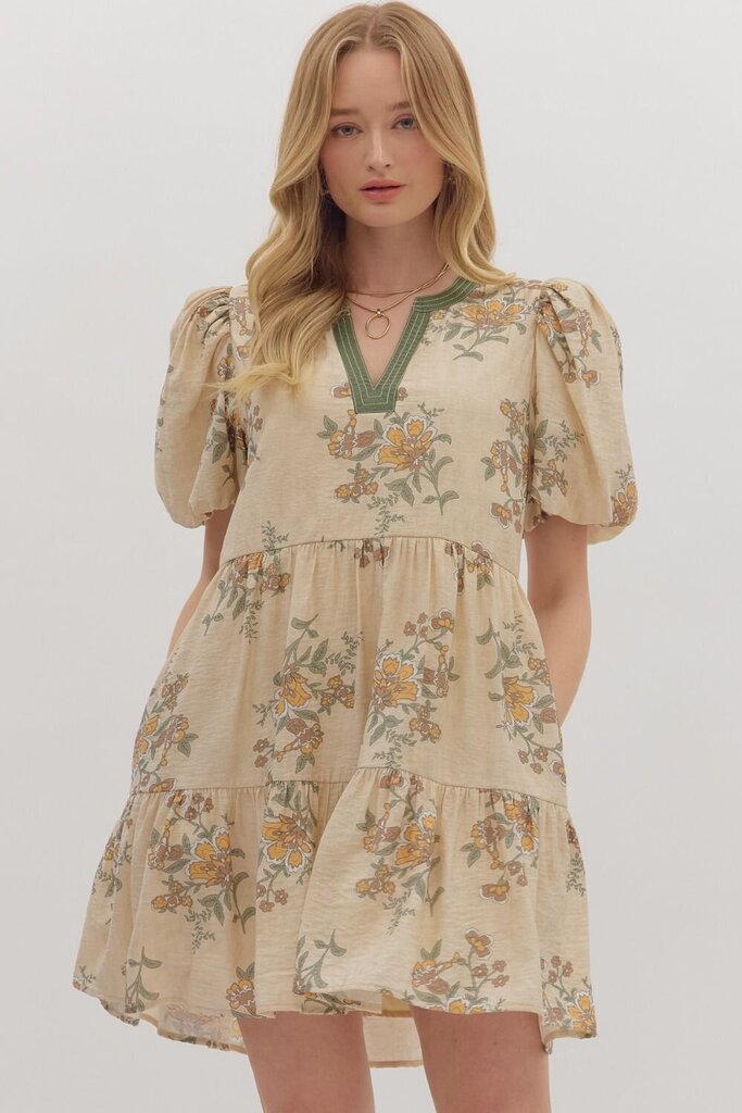 Floral Ecru Mini dress with Puff Sleeves