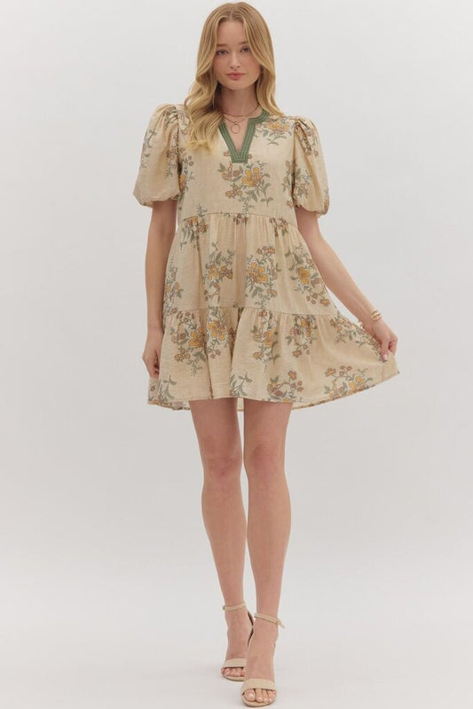 Floral Ecru Mini dress with Puff Sleeves