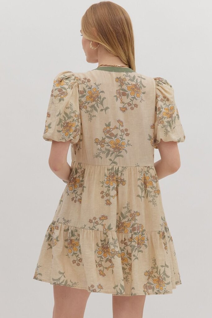 Floral Ecru Mini dress with Puff Sleeves