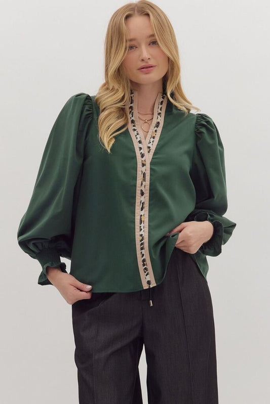 Evergreen Charm Blouse with puffed sleeves