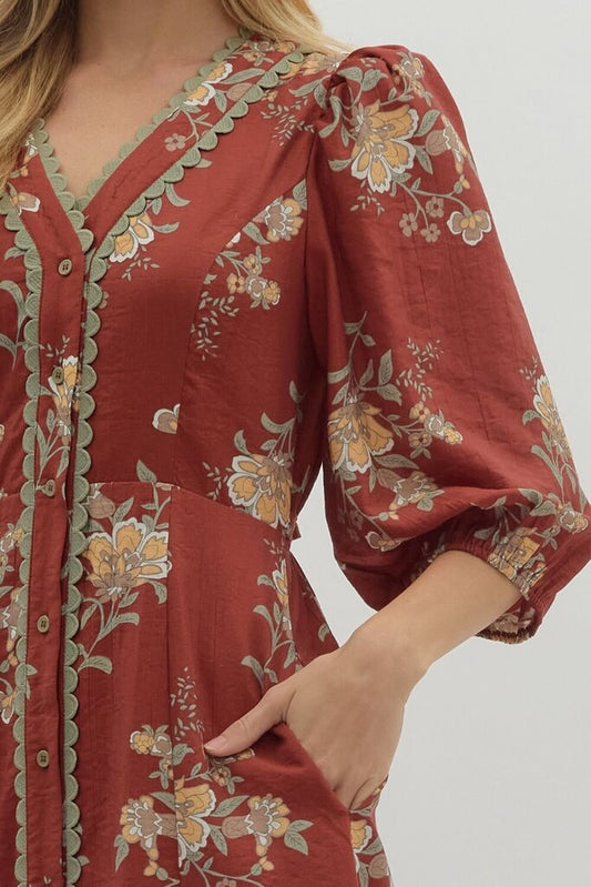 Scallop Trim Floral Middi Dress