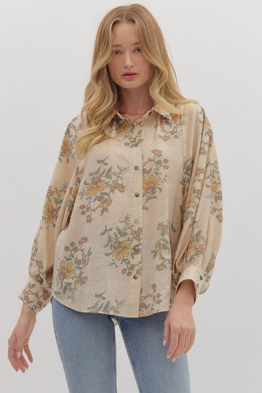 Floral Button Down Blouse- Curvy