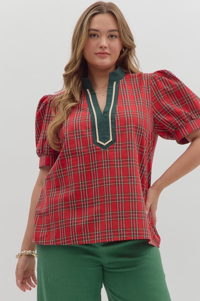 Plaid V-Neck Holiday Top
