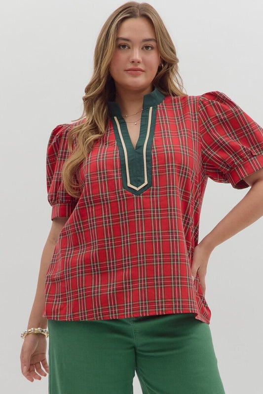 Plaid V-Neck Holiday Top