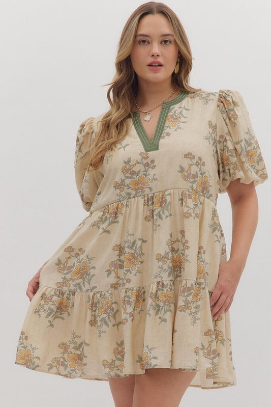 Floral Ecru Mini Dress w/ Puff Slv.
