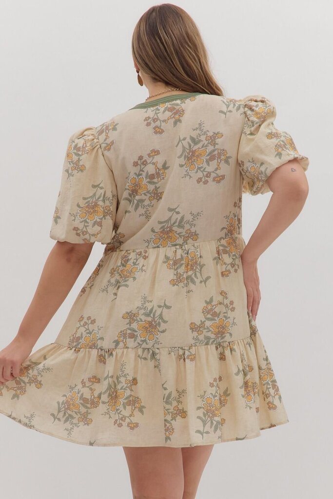 Floral Ecru Mini Dress w/ Puff Slv.