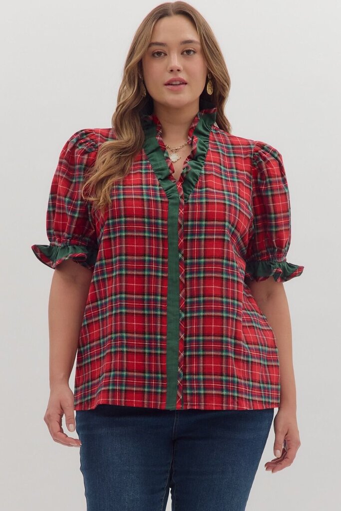 Plaid Puff Sleeve Ruffle Trim Top