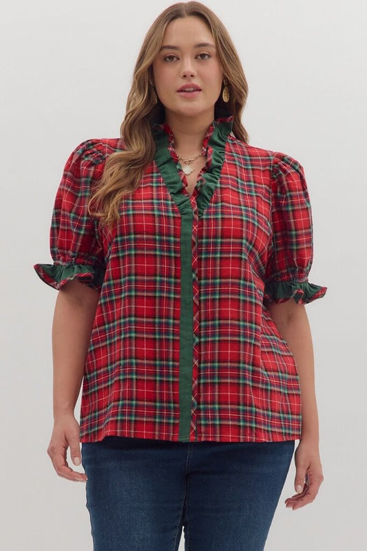 Plaid Puff Sleeve Ruffle Trim Top