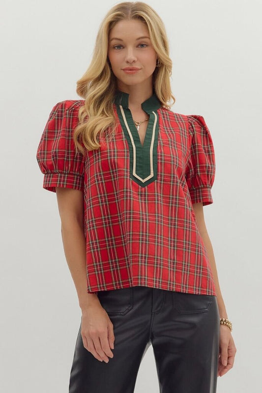 Plaid SS Blouse w/ Accent V-Neck