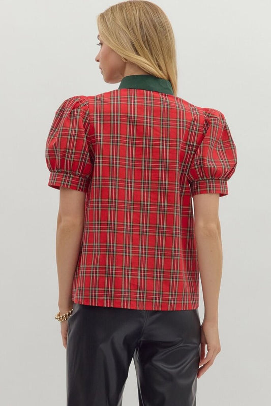 Plaid SS Blouse w/ Accent V-Neck