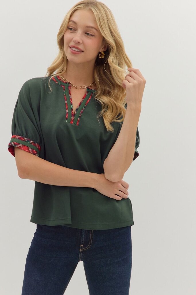 V-Neck, Plaid Trim Knit Top