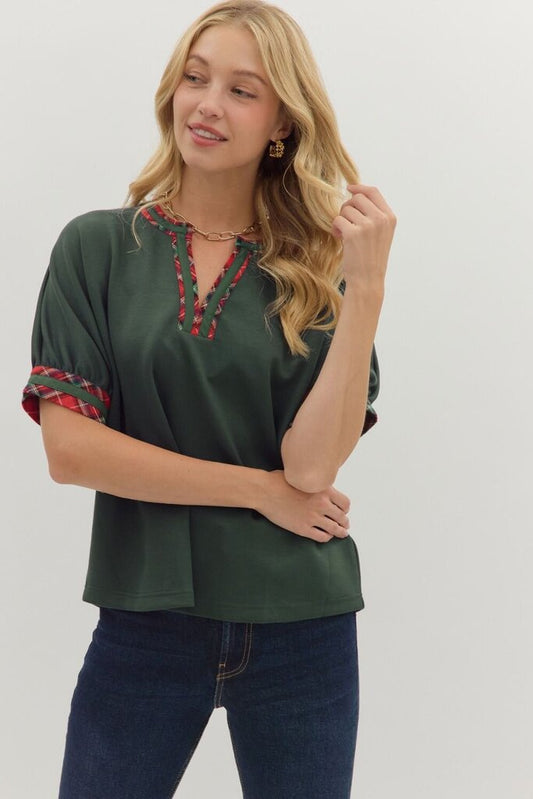 V-Neck, Plaid Trim Knit Top