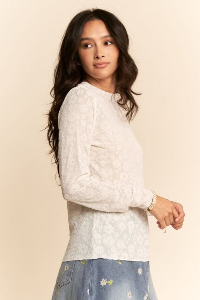 White Long Sleeve Floral Mesh Top