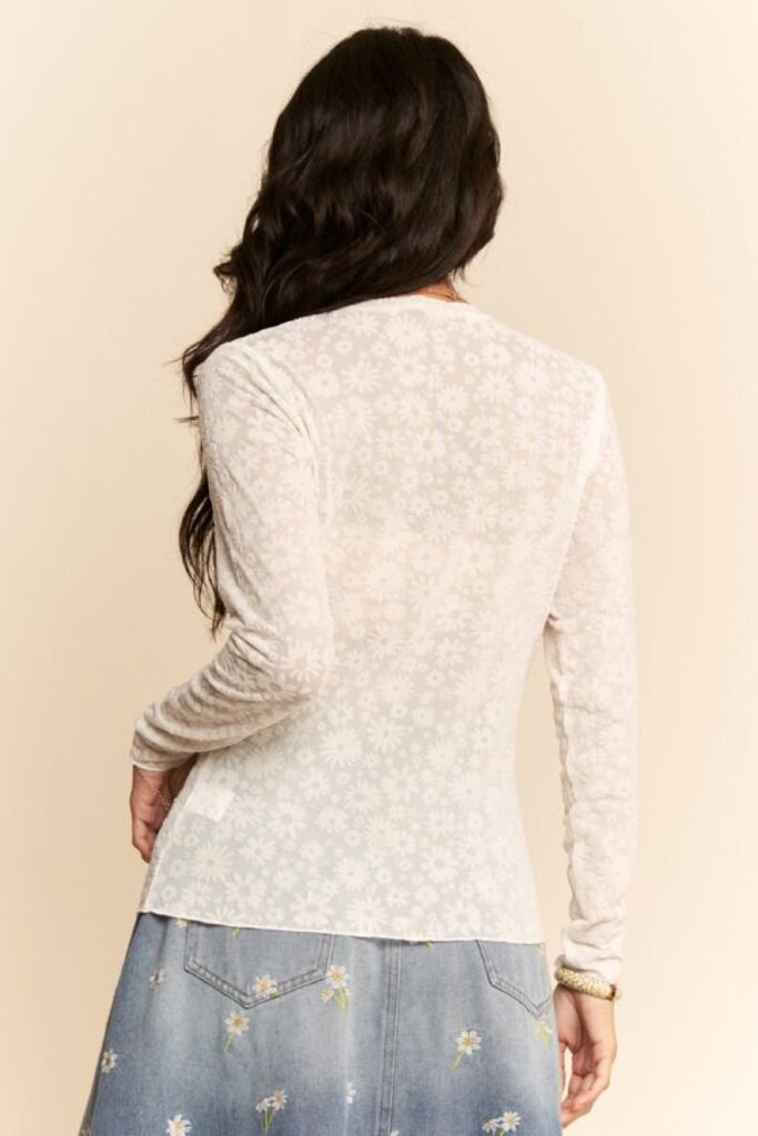 White Long Sleeve Floral Mesh Top