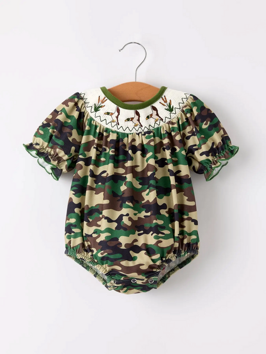 Camo Duck Smocked embroidered duck girl's romper