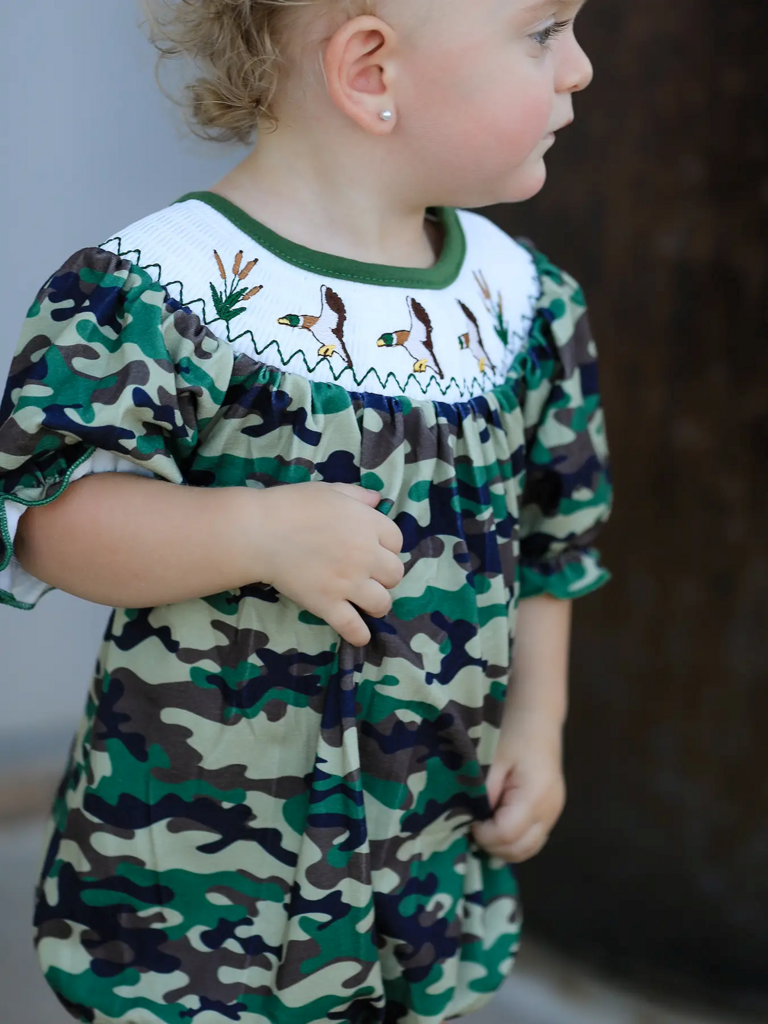 Camo Duck Smocked embroidered duck girl's romper