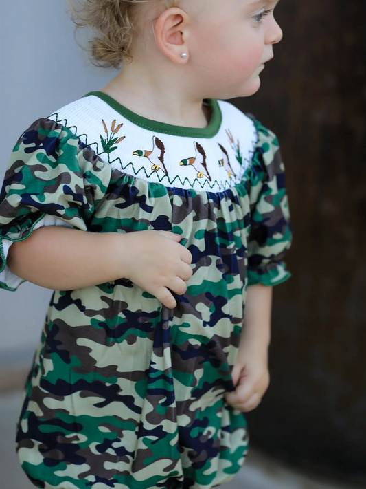 Camo Duck Smocked embroidered duck girl's romper