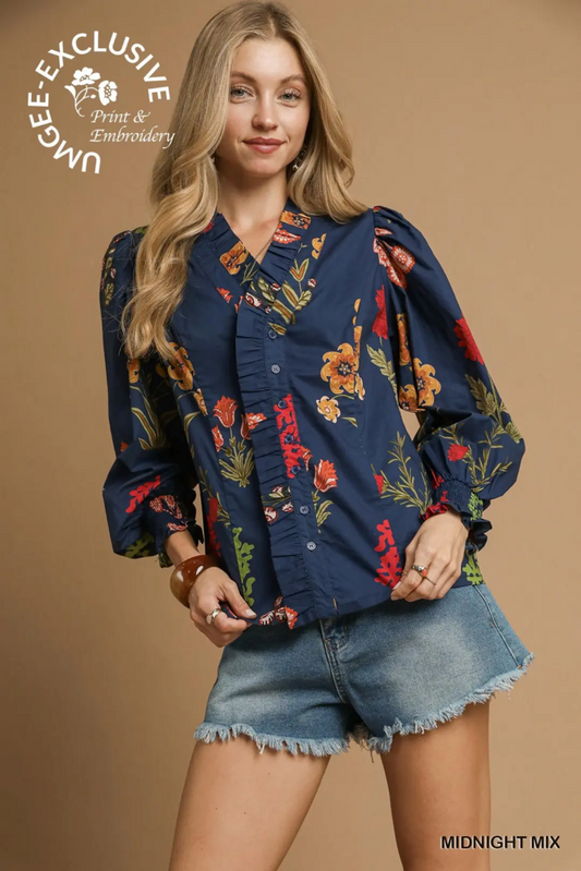 Navy mix button-up blouse