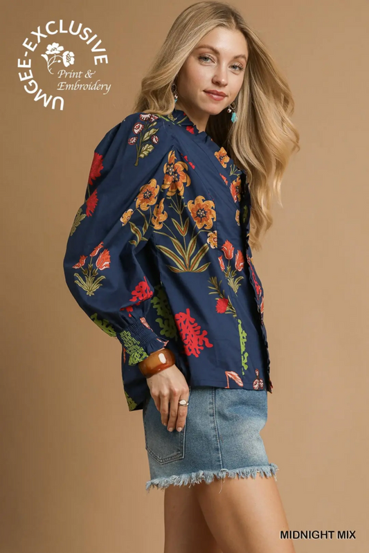 Navy mix button-up blouse