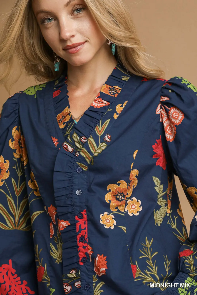 Navy mix button-up blouse