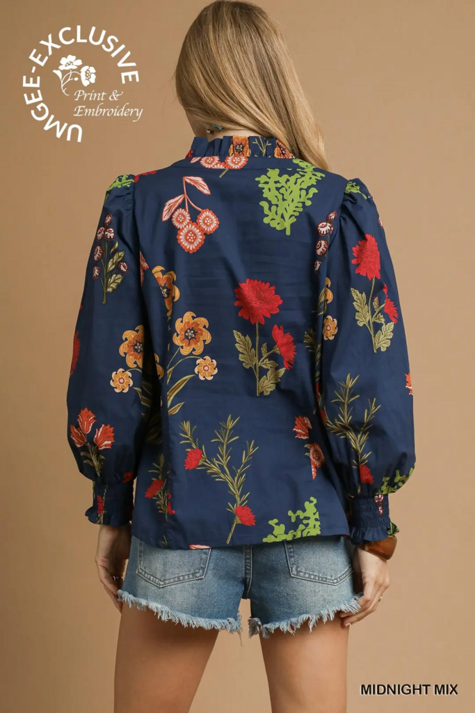 Navy mix button-up blouse