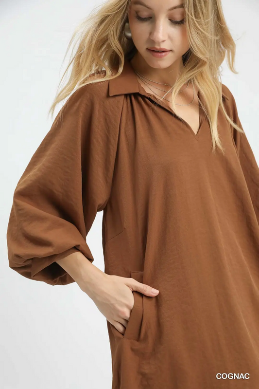 Cognac puff sleeve mini dress