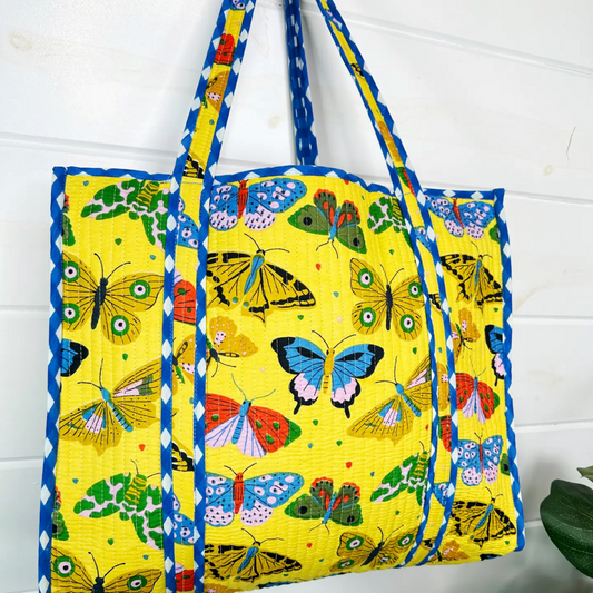 Yellow Butterfly Quilted Handmade Large Tote Bag