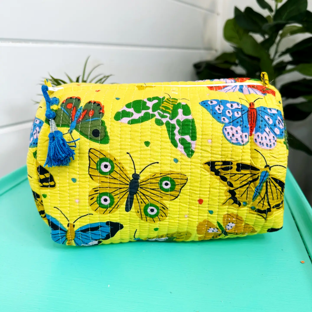 Yellow Butterfly Quilted Handmade Cosmetic Toiletry Bag