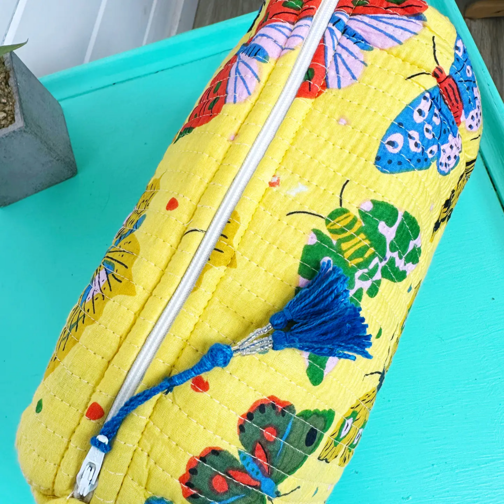 Yellow Butterfly Quilted Handmade Cosmetic Toiletry Bag