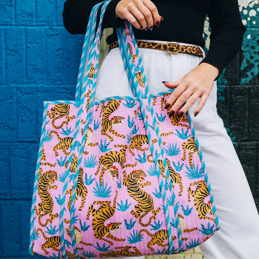 Light Pink & Blue Tigers Quilted Handmade Large Tote Bag Reversible