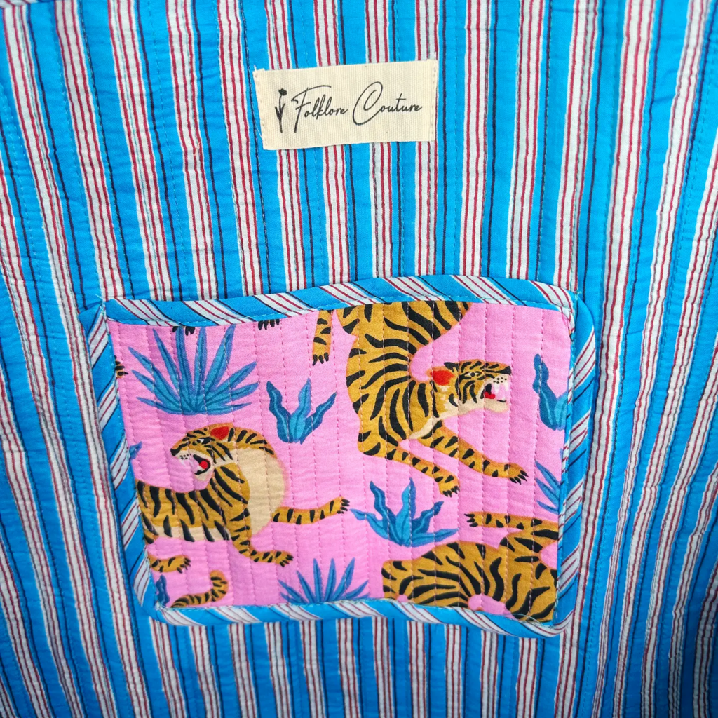 Light Pink & Blue Tigers Quilted Handmade Large Tote Bag Reversible