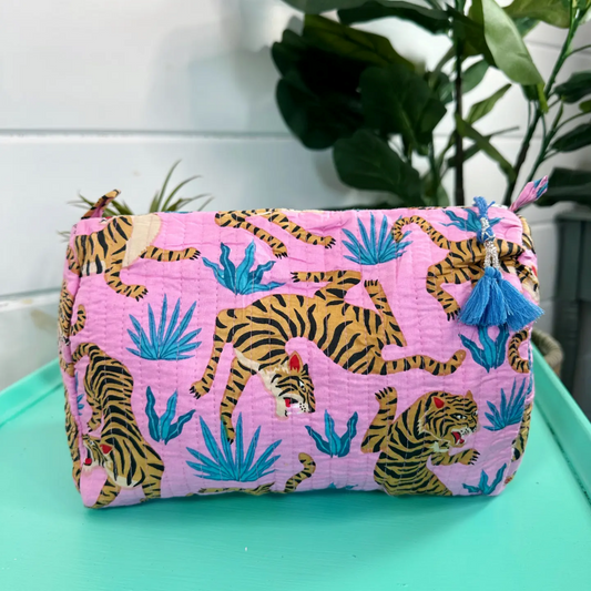 Light Pink & Blue Tigers Quilted Handmade Cosmetic Toiletry Bag