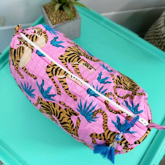 Light Pink & Blue Tigers Quilted Handmade Cosmetic Toiletry Bag