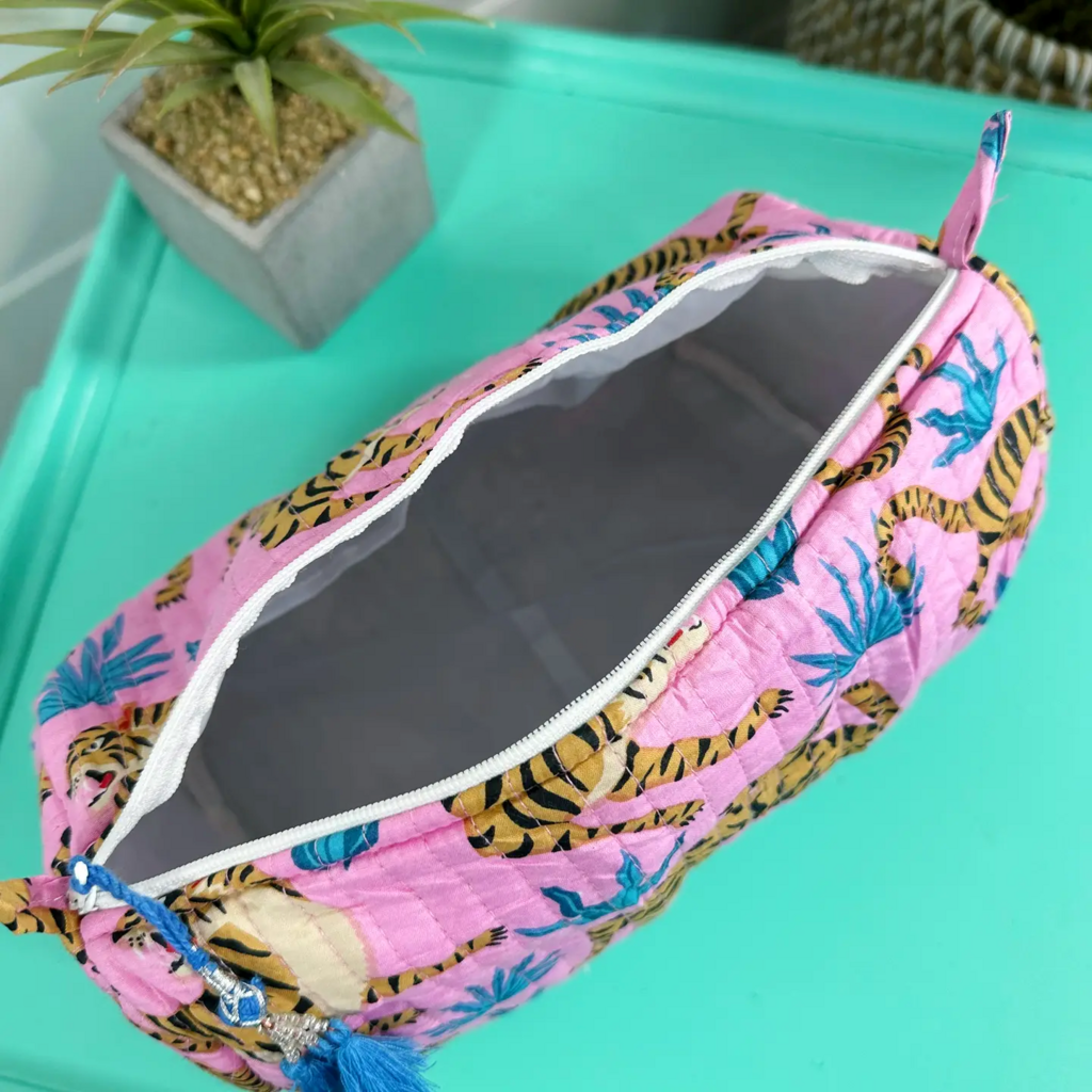 Light Pink & Blue Tigers Quilted Handmade Cosmetic Toiletry Bag
