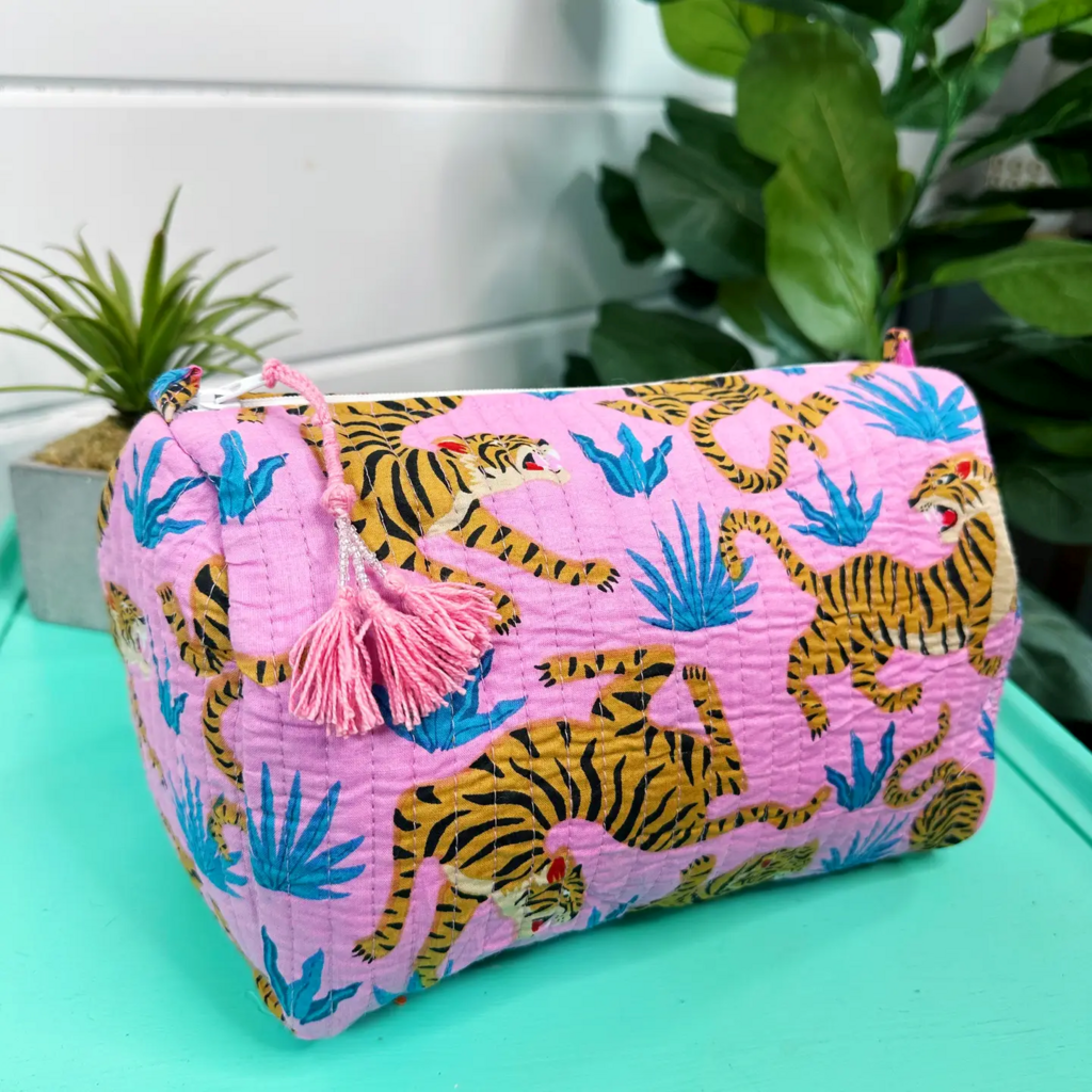 Light Pink & Blue Tigers Quilted Handmade Cosmetic Toiletry Bag